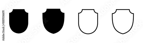 Shield icon set variations, displaying protective barriers in both solid black filled shapes and clean outline designs, signifying security safety and defense concepts