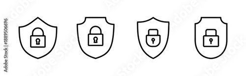 Shield with padlock icons symbolizing security and protection. Collection of four different shield and lock emblems for data safety and privacy concept illustrations