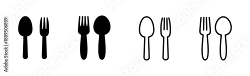 Spoon and fork icons in black and outline styles, representing cutlery and dining, on white background