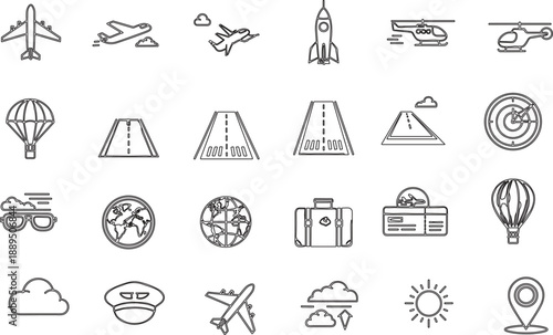  described features a collection of outlined icons representing various modes of transportation and related elements, all designed in a simple and elegant line art style.