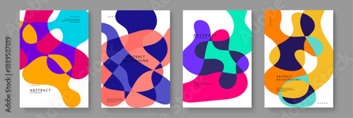 Set of minimalist posters utilizing fluid geometric shapes and bold color palettes to create a high-impact contemporary visual aesthetic