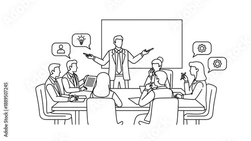 Business meeting with a presenter leading a discussion in front of a whiteboard, surrounded by colleagues at a conference table.