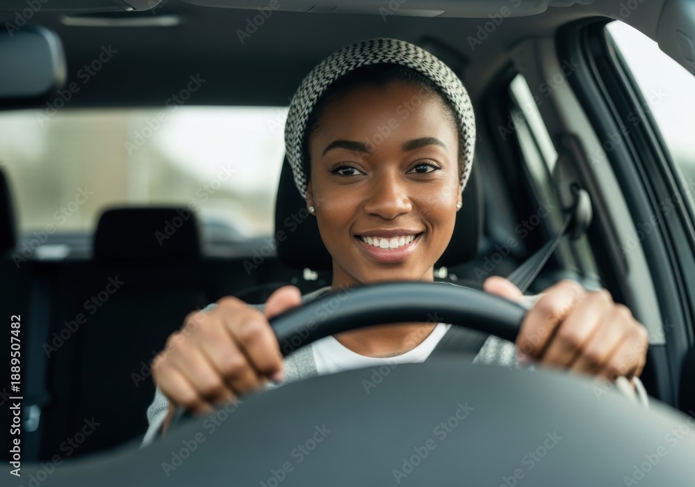 Obraz premium Smiling young woman driving a car with a beaming smile on her face isolated on transparent background