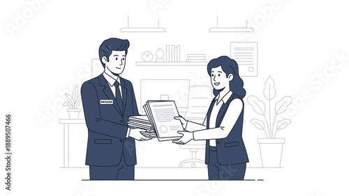 Man in suit handing over documents to a woman in an office setting, illustrating work transfer.