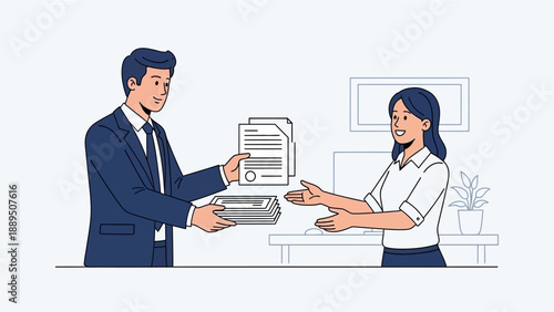 Man in suit hands over important documents and a box to a smiling woman in an office setting.