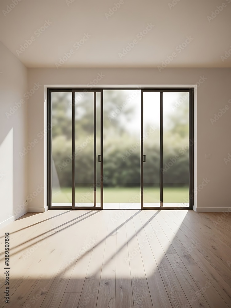 Fototapeta premium Bright interior room featuring sliding glass doors and modern wood floor