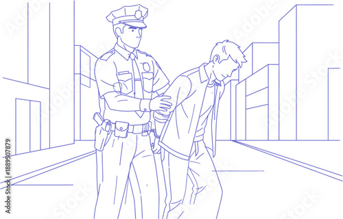 A police officer in uniform is arresting a man on a city street, with buildings in the background, depicted in a line drawing.