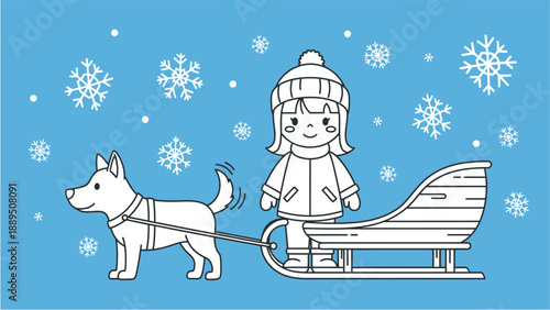 Cartoon illustration of a cute girl in winter clothes standing with a dog harnessed to a sled in a snowy landscape with falling snowflakes.