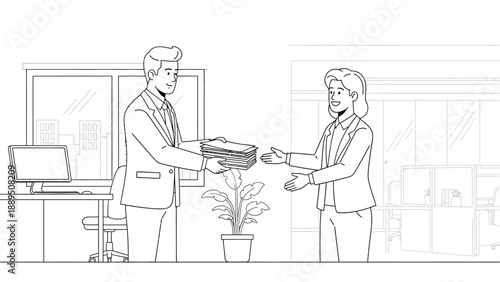 A man in an office hands a stack of documents to a smiling woman, illustrating a business transaction or task delegation.