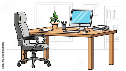 Illustration of a modern office workspace with a wooden desk, computer monitor, ergonomic chair, and potted plant, depicting a productive work environment.