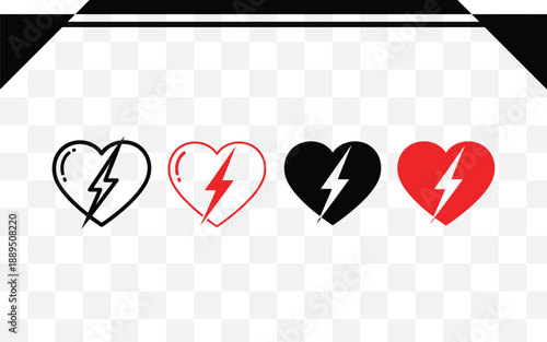 Four broken heart icons isolated on transparent background