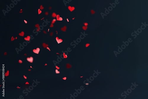 Red heart-shaped confetti falling against a minimalist dark background, creating a romantic and celebratory atmosphere
