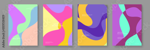 Four abstract poster designs using flowing organic shapes in vivid pink violet and yellow colors for trendy branding and web design