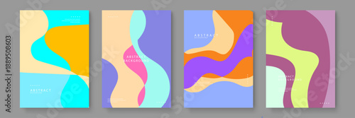 Set of four aesthetic abstract backgrounds with gentle flowing shapes in sky blue peach and purple hues for modern stationery