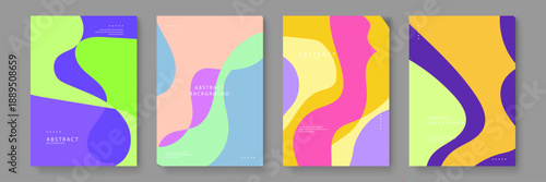 Vivid abstract poster series featuring high energy fluid shapes in electric purple lime green and golden yellow for bold layouts