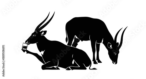 Black silhouette illustration of a deer and goat isolated on a white background with antlers and horns in a simple wildlife vector style