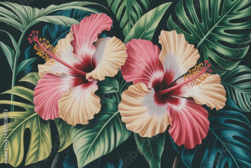 Wallpaper Mural Tropical Hibiscus Flowers With Dark Backdrop and Lush Monstera Leaves in a Tropical Garden Torontodigital.ca