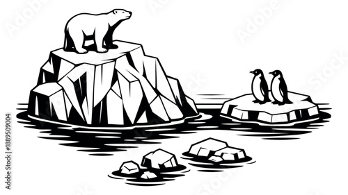 Line art illustration of an arctic scene depicting a polar bear and penguins on icebergs for environmental concepts