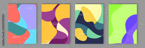 Set of professional abstract backgrounds with flowing liquid shapes in navy yellow and coral for modern business marketing