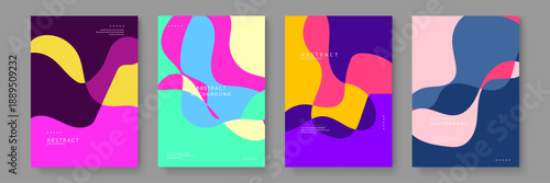 High energy abstract posters with bold fluid shapes in deep purple neon pink and yellow for urban fashion branding