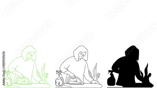 A woman extinguishing flames with a fire extinguisher in different artistic styles