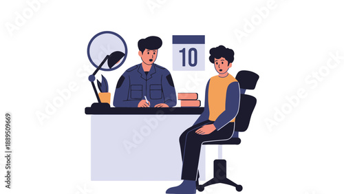 Two men sitting at a desk in a modern office environment discussing business