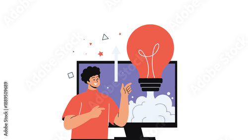 A man pointing at a computer screen with a lightbulb and idea concept