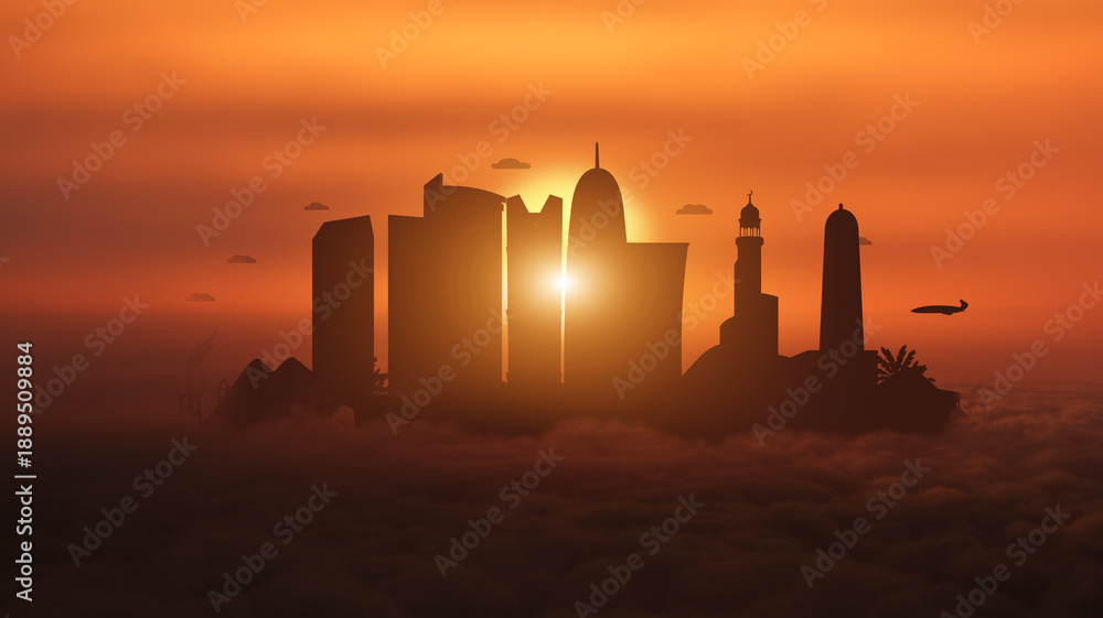 Fototapeta premium A view of Qatar's landmarks at sunset above the clouds . Doha, State of Qatar A panorama of Qatar's capital