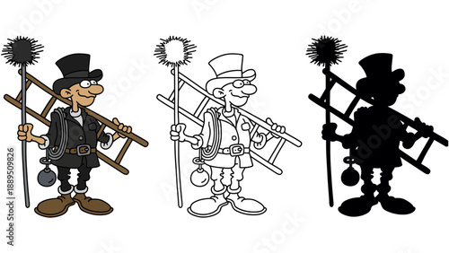 A cartoon chimney sweep in three different formats, color, black and white, and silhouette.