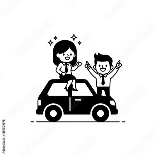 Cartoon vector illustration of a man and woman driving a car together on the road for a fun travel scene