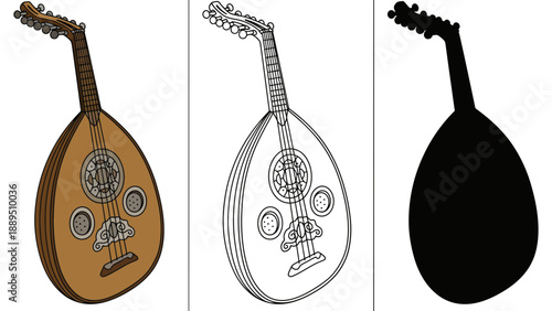 A set of three bouzouki illustrations in different artistic styles and colors