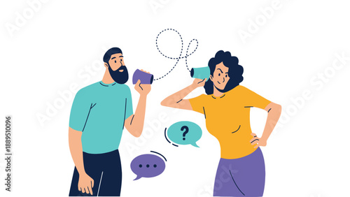A man and woman communicate using megaphones with speech bubbles around them