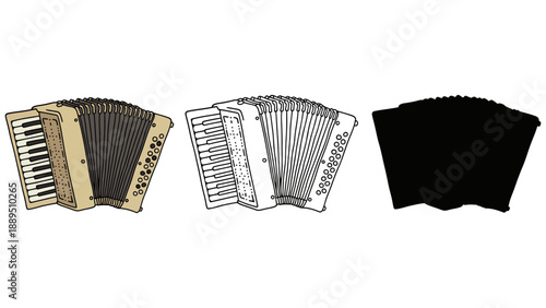 An illustration of three accordions in different styles and colors on a white background