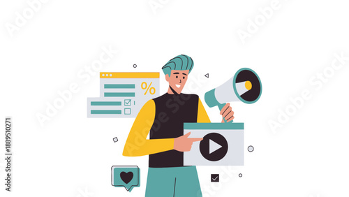 A cartoon man holding a megaphone and a video play button with social media icons