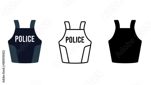 Three police vests in different colors and designs on a white background