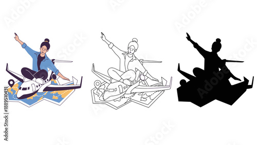 A woman sitting on an airplane with her arm raised in excitement and freedom