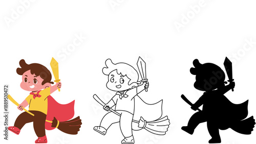 A cartoon illustration of children in superhero poses with swords and capes