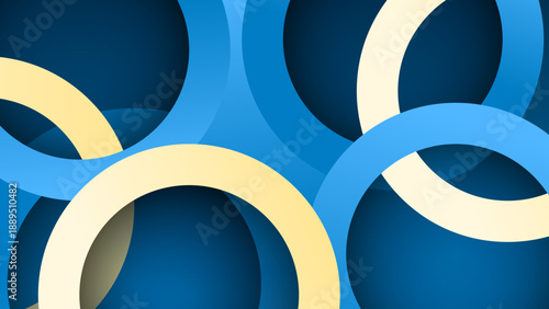 Modern abstract background featuring overlapping blue and cream rings with depth and drop shadows in a clean geometric style