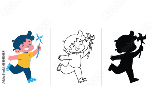 A colorful illustration of a child holding a pinwheel in different artistic styles