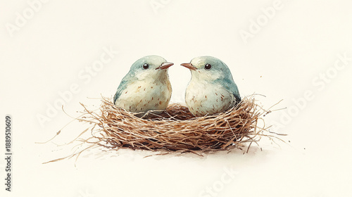 Two baby birds nestled in a straw nest on white