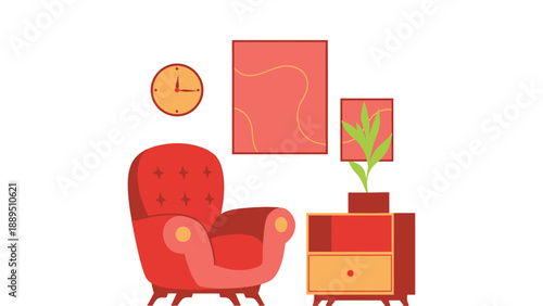 A cozy living room with a red armchair and matching decor