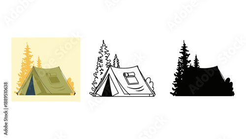 Three different illustrations of a tent in a forest setting with trees