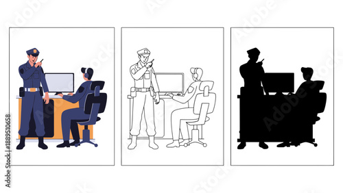 A police officer and woman sitting at a desk with a computer screen