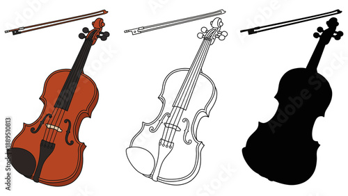 A colorful illustration of violins and bows in different styles and colors