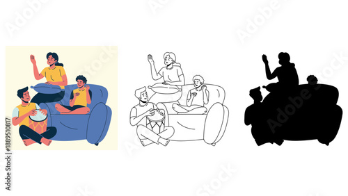 A group of friends having fun together on a couch in different styles