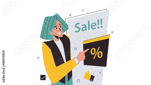 A cartoon man pointing at a sale sign with a percentage discount