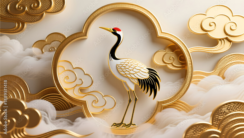 Fototapeta premium Elegant golden outlined cranes flying in layered auspicious clouds