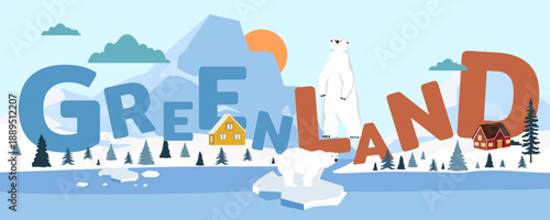 Greenland Arctic Scene with Polar Bear, Iceberg and Mountain Vector Illustration background