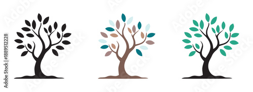 Abstract tree silhouettes in black, brown and teal, representing growth and life. Stylized tree designs with colorful leaves for nature themes and environmental concepts isolated on white.