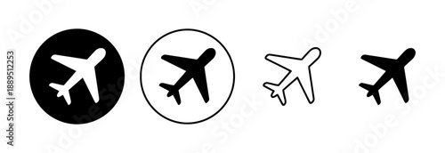 Airplane icons in black and white, circular and freeform shapes, travel theme, symbols for flight, aviation, or journeys, clean vector graphics for websites and apps